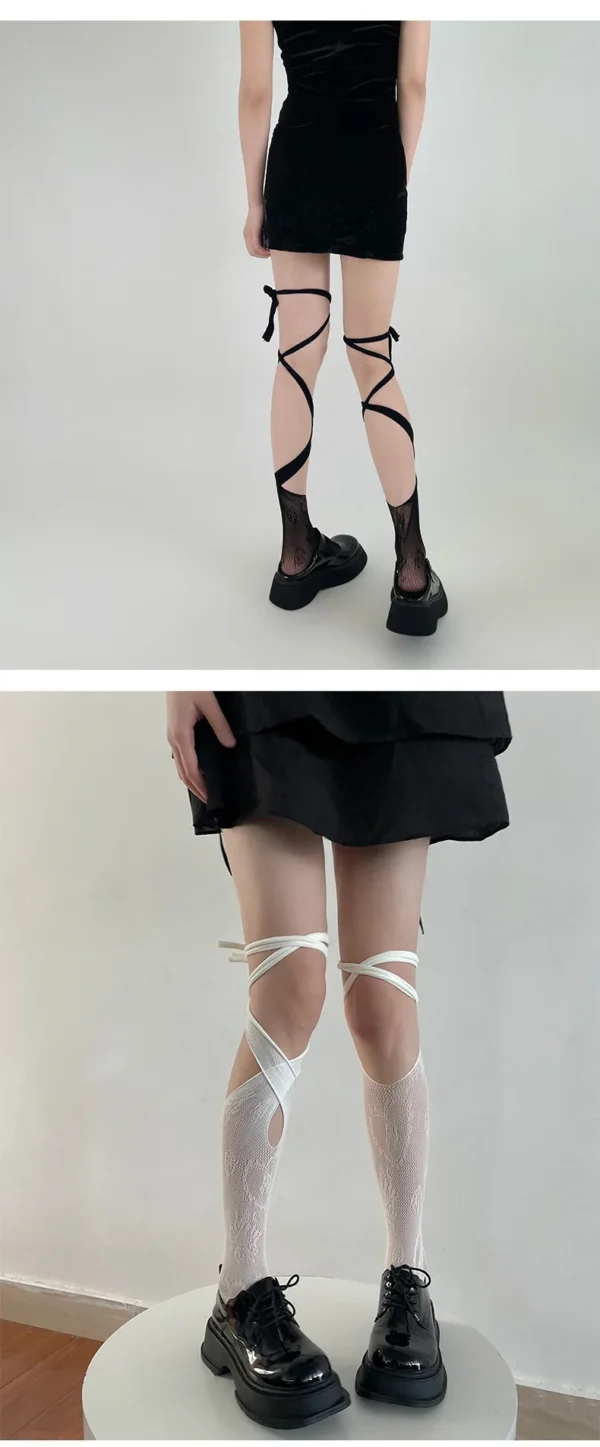 1 Pair of Irregular Strap Socks JK Girls' Trendy Socks Long Sleeve Strap Front and Back Wear ins Irregular Strap Integrated Sock - Image 4