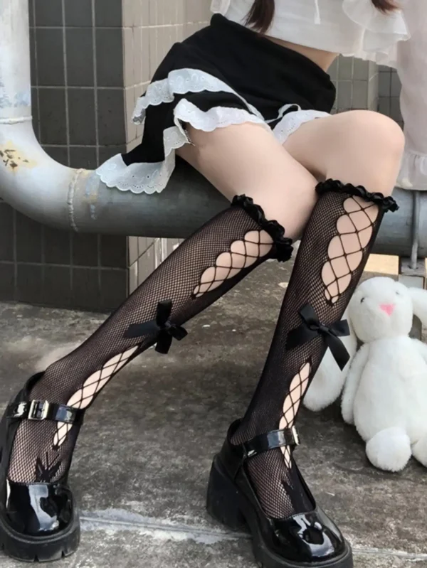 1 pair of calf socks with bow tie and cross tie wooden ear lace stockings JK girls' bow princess stockings - Image 4