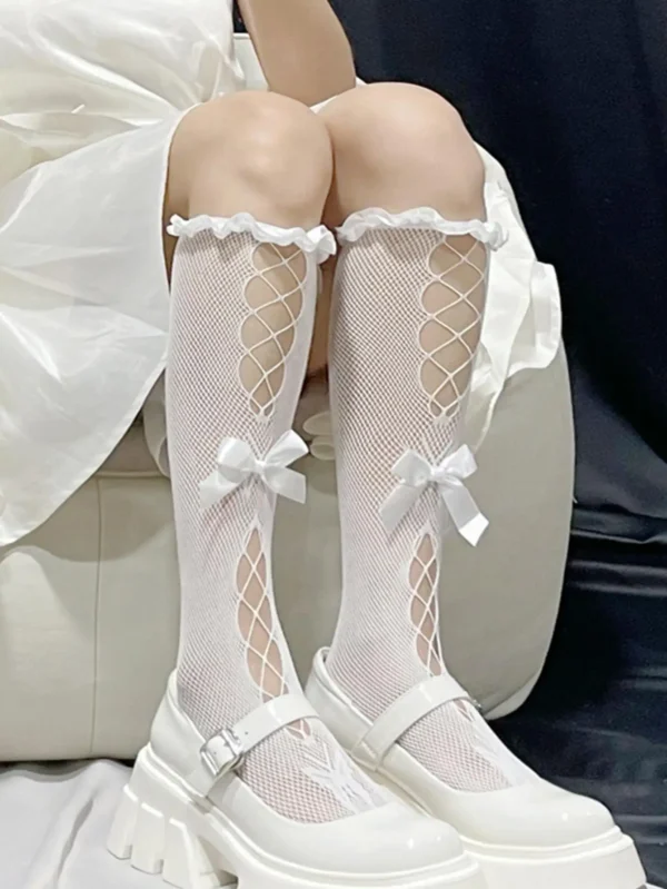 1 pair of calf socks with bow tie and cross tie wooden ear lace stockings JK girls' bow princess stockings - Image 3