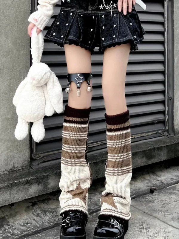 1 pair of Pentagram asymmetric socks knitting stripe Y2K style wide leg socks JK girls dress socks - Image 3