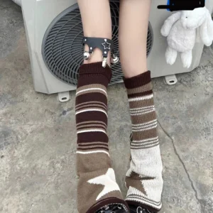 1 pair of Pentagram asymmetric socks knitting stripe Y2K style wide leg socks JK girls dress socks